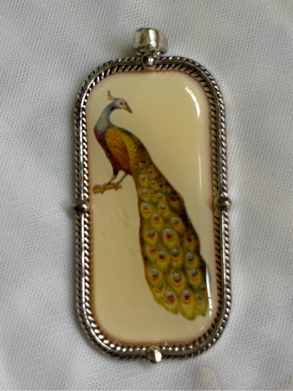 Vintage Silver Rope Bezel Peacock Cabochon Pendant Cottagecore Charm